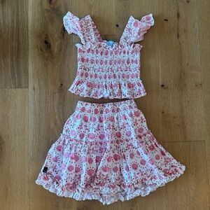 Hill House Paz Linen Mini Skirt Set Smocked Mermaid, Shells & Cherry Print